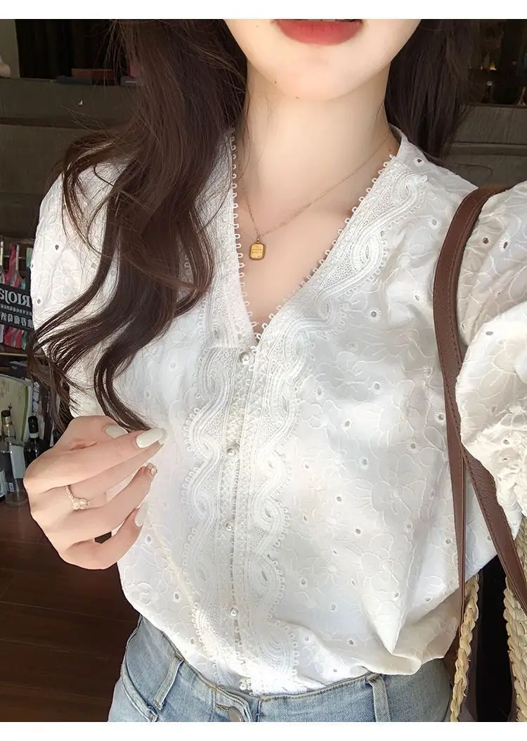 Short Sleeve Shirts Women Jacquard Balloon Sleeve Pintuck Tunic Korean Gentle Artistic Preppy Urban Student Youthful Mild Design