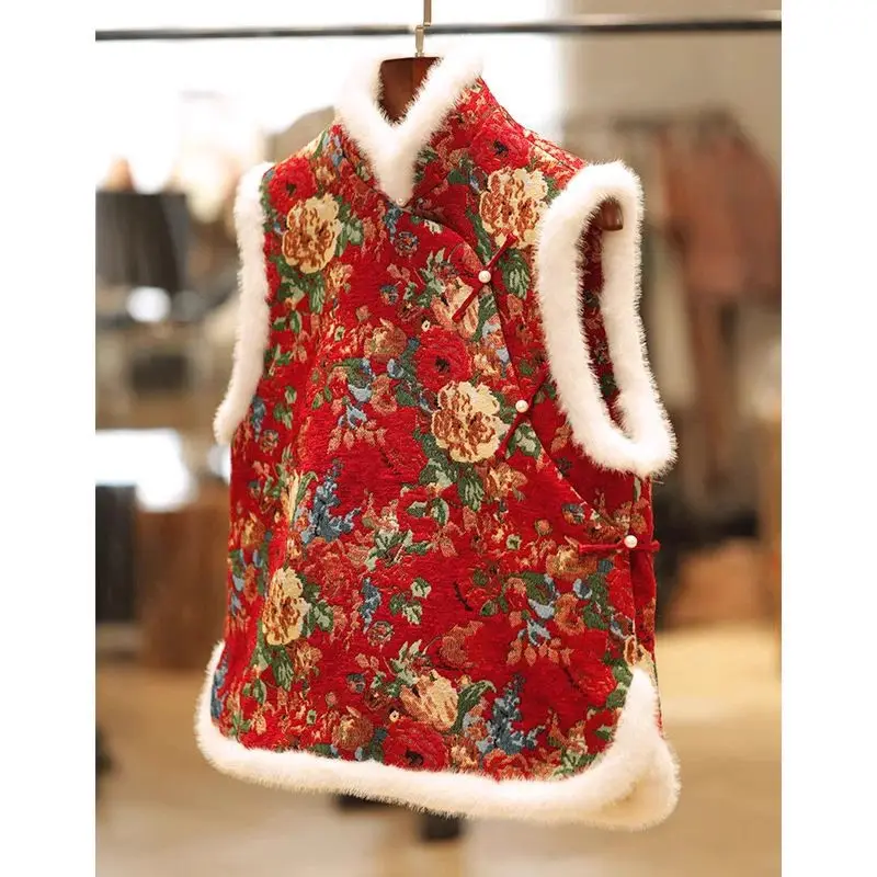 Chinese Style Vest 2023 Autumn Winter Northeast Flower Cotton Coat Cute Winter Qipao Top Sleeveless Warm Quilted Waistcoat z4405