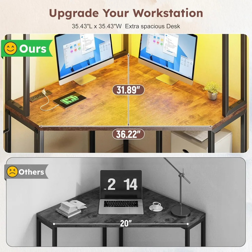 Biurko narożne, 90 cm szer. x 160 cm wys., małe biurko komputerowe i biurko biurowe z półką i oświetleniem LED, biurko gamingowe z szufladami i półkami