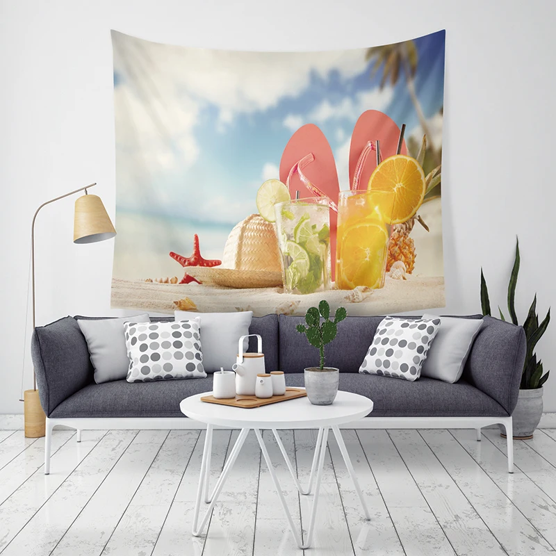 Beach Coconut Tree Juice Pattern Tapestry Home Decor Wall Hanging Hawaii Style Tapestry Blanket Bedroom Living Room Decoration