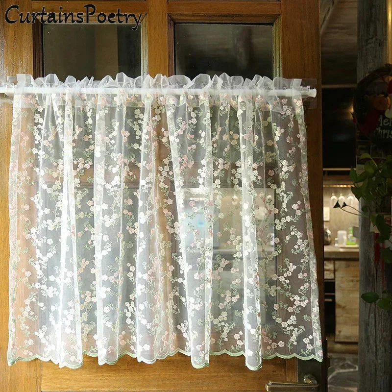 

Lace Curtains Vintage Embroidered Pink Floral Sheer Curtains Light Filtering & Scalloped Privacy Sheer Window Drapes for Bedroom