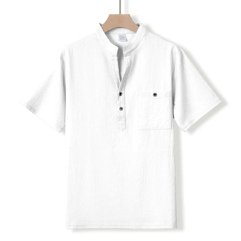 Herren-Henley-Shirt mit Stehkragen, Kurzarm, Baumwoll-Leinen-Mischung, Brusttasche, Atmungsaktiv, Sommer, Alltag, Reise, Strand, Freizeit-Oberteil – Detail 21