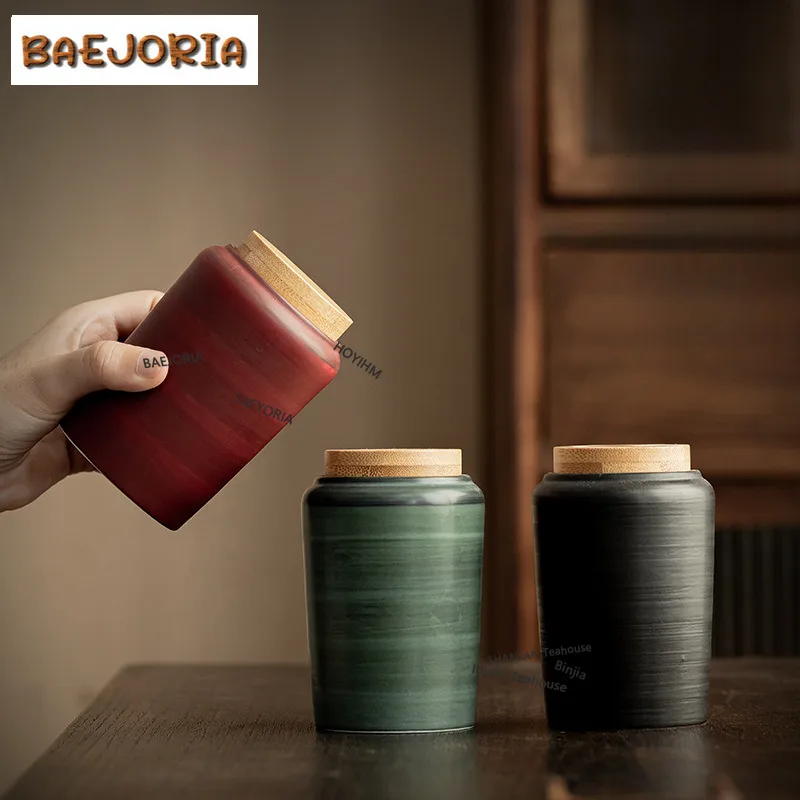 BAEJORIA 280ML Retro Powder Yin Lacquer Black Tea Box Organizer Moisture-proof Zen Storage Tank Containers Tea Caddy Tea Service