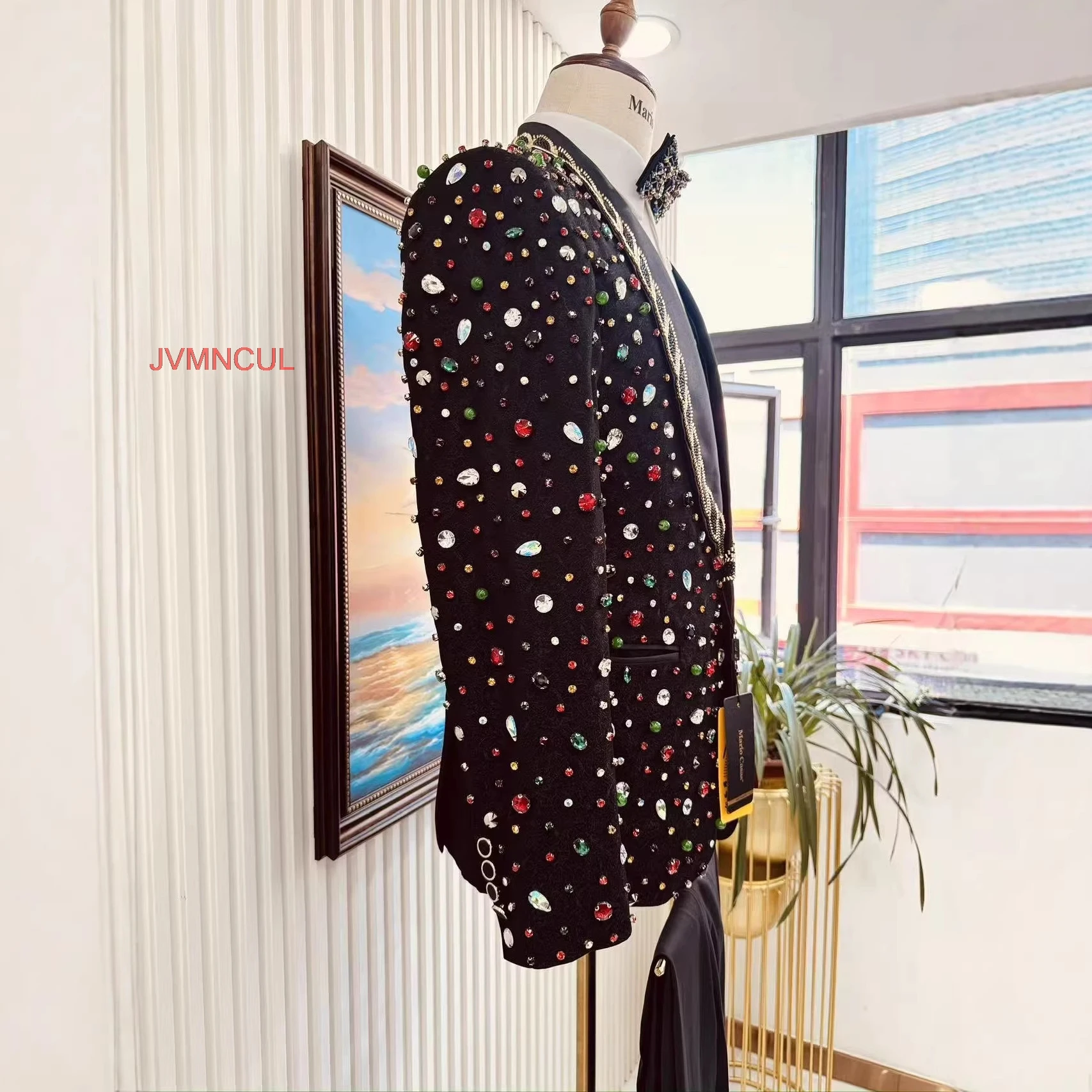 Men Party Suit Star Pattern 3 Piece Slim Fit Blazer Vest Pants Wedding Groom Formal Party Banquet Stage Performance Outfit Set