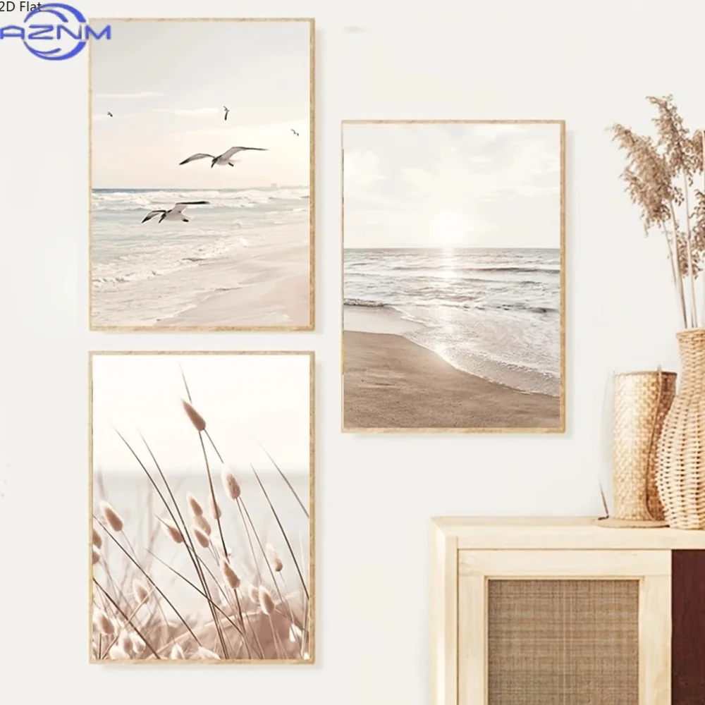 3pcs Beach Scenery Canvas Wall Art Prints | Modern Paintings in Beige Grass, White Sand, and Seagulls for Home Decor in Living R