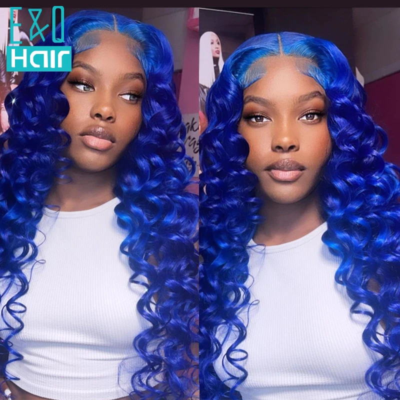 Blue Colored Loose Deep Wave13x4 Transparent Lace Front Human Hair Wig PrePlucked For Black Woman Brazilian Remy Frontal Wigs