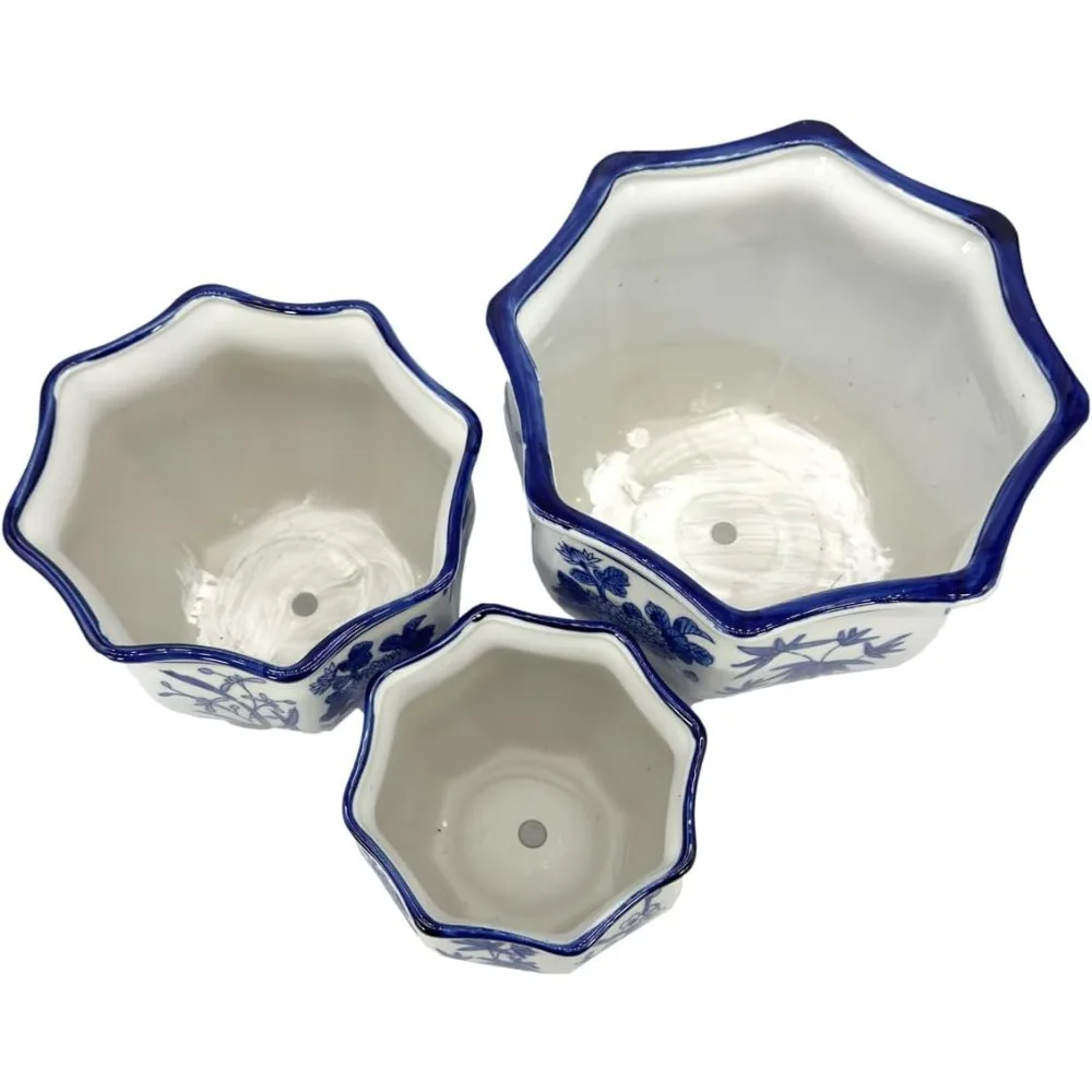 Galt International Blue & White รอบร่องดอกไม้ปาล์มโลตัสพอร์ซเลนเซรามิคพืชกระถางต้นไม้ชุด 3 (7.5", 10", 1