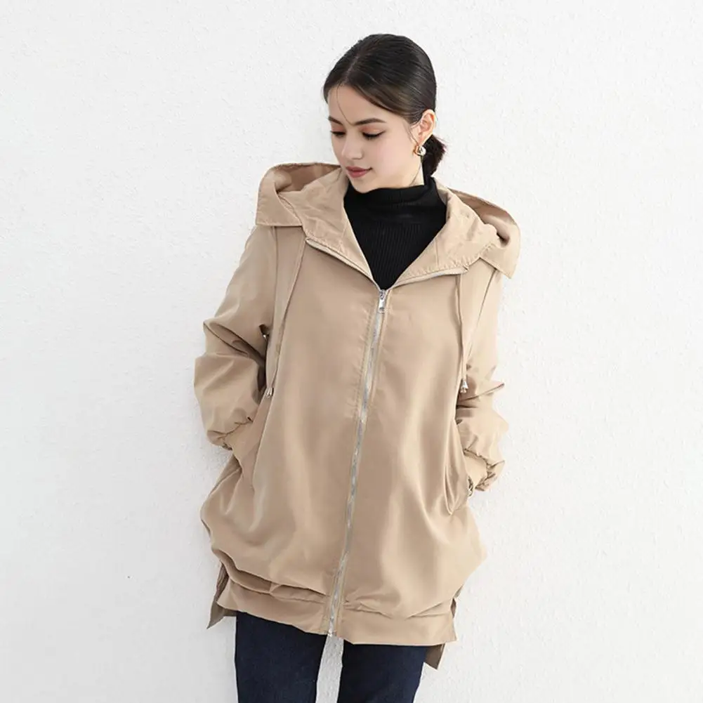 Women Jacket Stylish Windproof Hooded Cardigan for Women with Split Hem Zipper Closure for Outdoor Activities Travel Solid Color