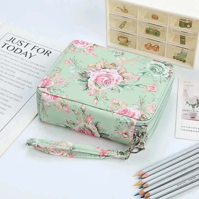 72 Slots Pencil Holder With Zipper Closure Pencil Case For Watercolor Pens Or Markers, Pencil Case Organizer(Green Rose)