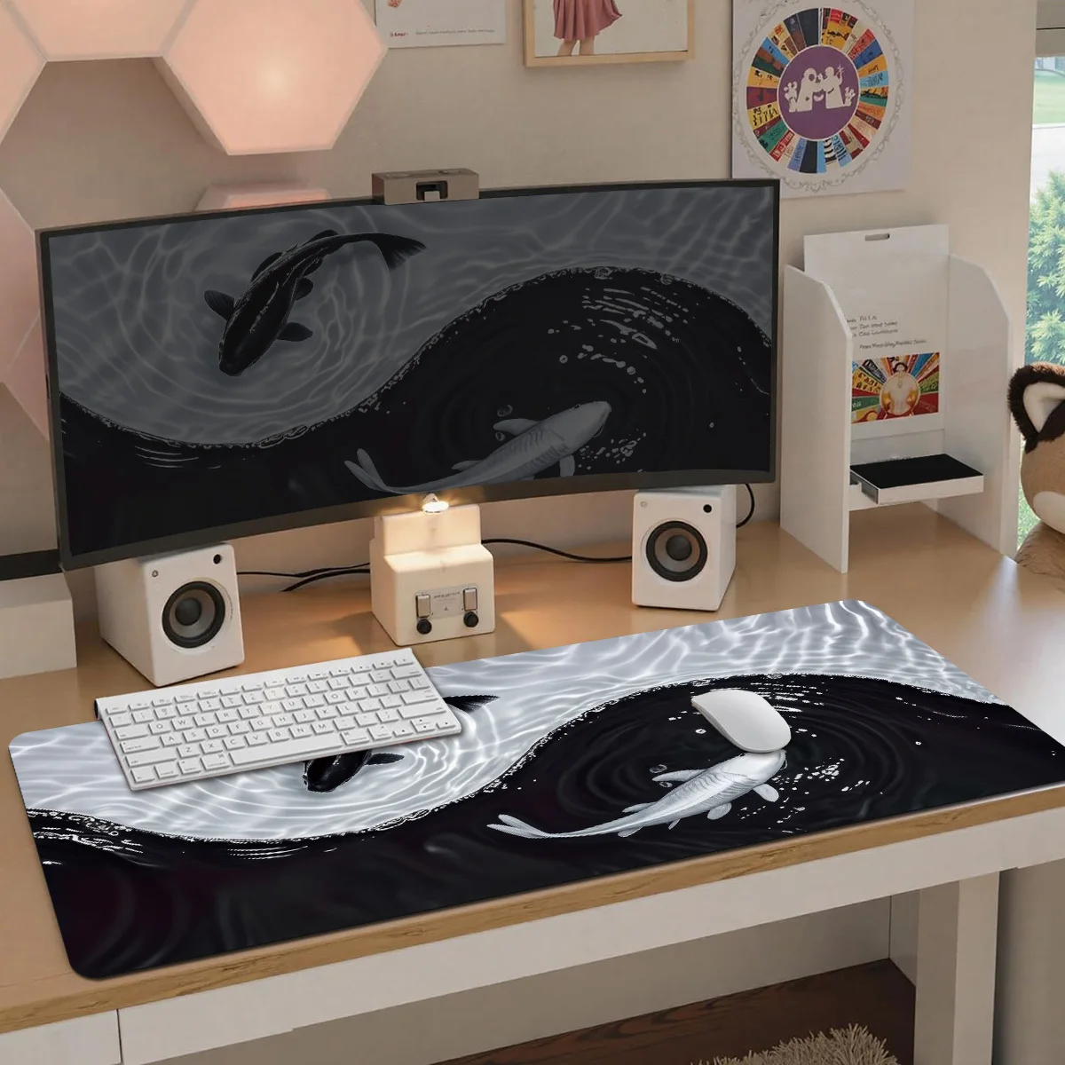 

Black and white carp Pattern Design large Mouse Pad Desk Mat Non-Slip Stitched Edge office rug Gaming pad Computer mouse pads