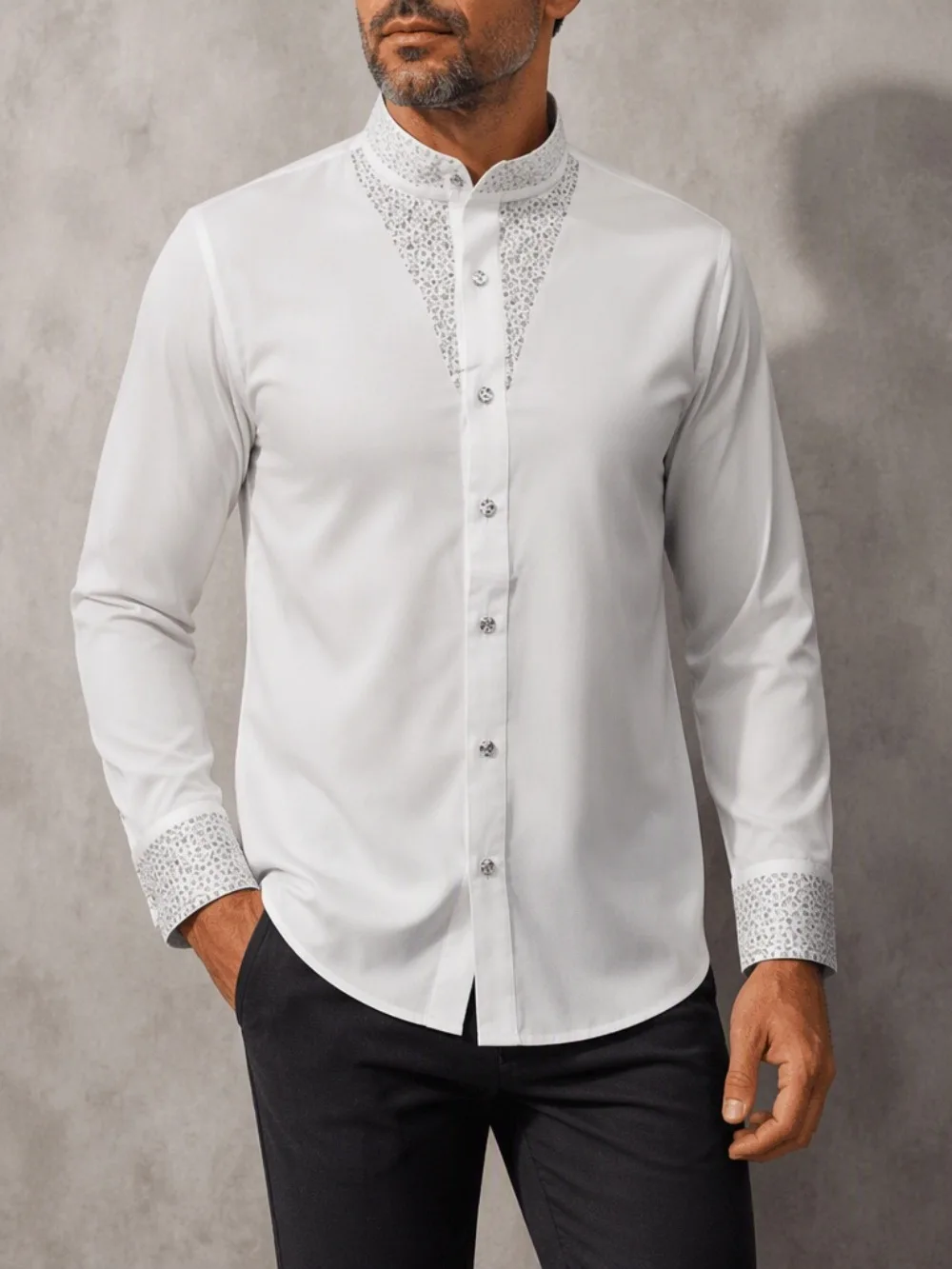 Men's Casual Business Blouse Fashion Luxury Rhinestone Single Breasted Long Sleeve Slim Fit Shirt Top For Party Formal Work