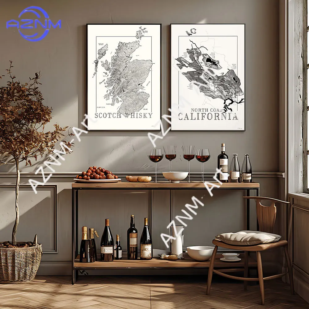 Mapa de whisky de Escocia, mapa de vino de Portugal, mapa de vino Barbaresco, póster, pintura en lienzo, impresiones artísticas, decoración del hogar