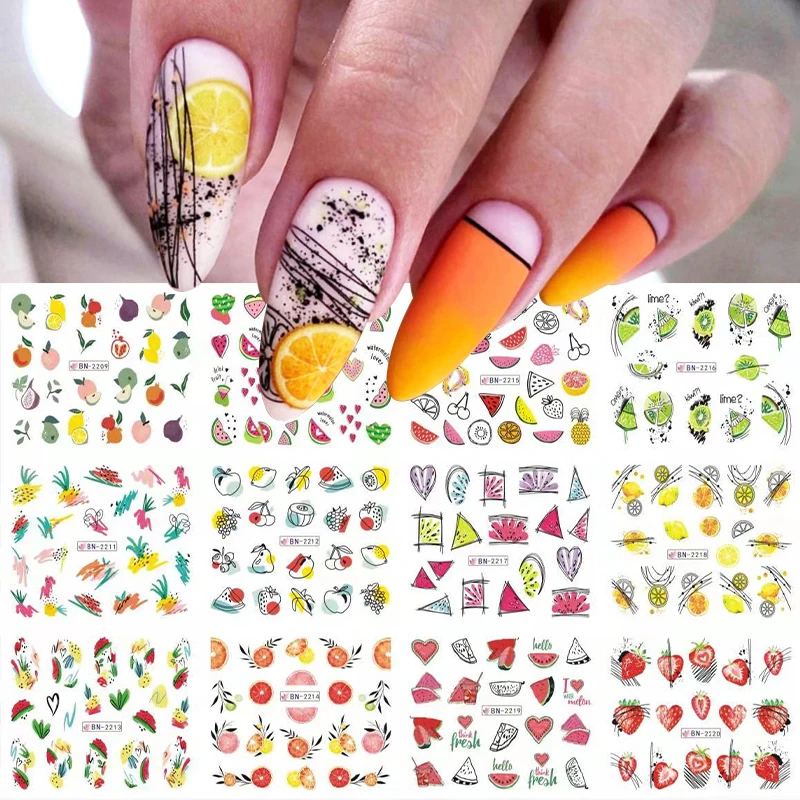 12Pcs/Set Green Leaf Nail Water Decals Floral Fruits Leaves Slider Nail Lines Transfer Foils Spring Summer Nail Stickers