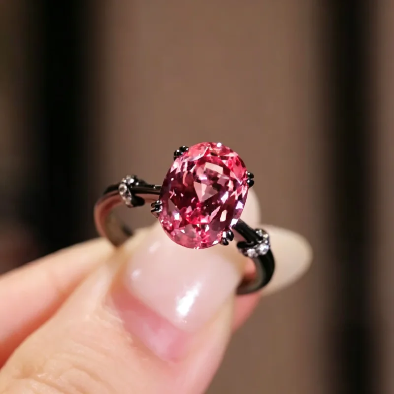 Bellux 925 Silver Synthetic Zircon Ring with Gun Plated Black Gold Sunset Rose Pink Pigeon Egg Simple Fashion Rings for Women