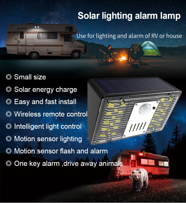 ضوء الجدار الشمسي مع إنذار إنذار الشمسية مع ضوء الفيضانات LED التحكم عن بعد محس حركة وجرس مضاد للسرقة لمزرعة منزل RV