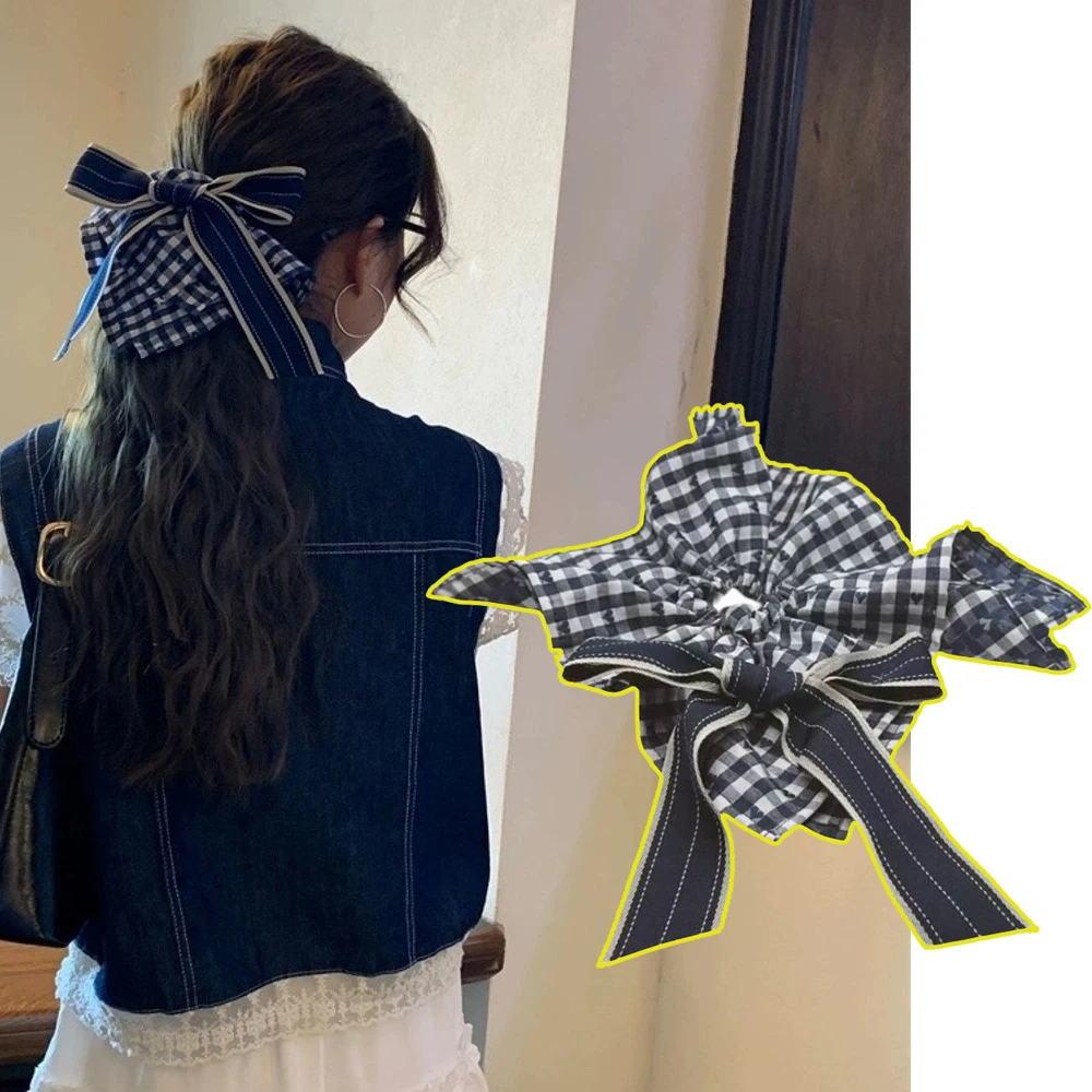 

Модная эластичная повязка для волос Ins в клетку, веревки для волос, милый бант, держатели для хвоста для женщин