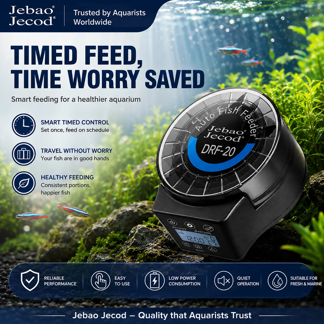 Nouveau Distributeur Automatique Intelligent de Nourriture pour Poissons d'Aquarium Jebao Jecod DRF 2026 avec Minuterie Numérique et Fonction d'Alimentation par Contrôle Bluetooth