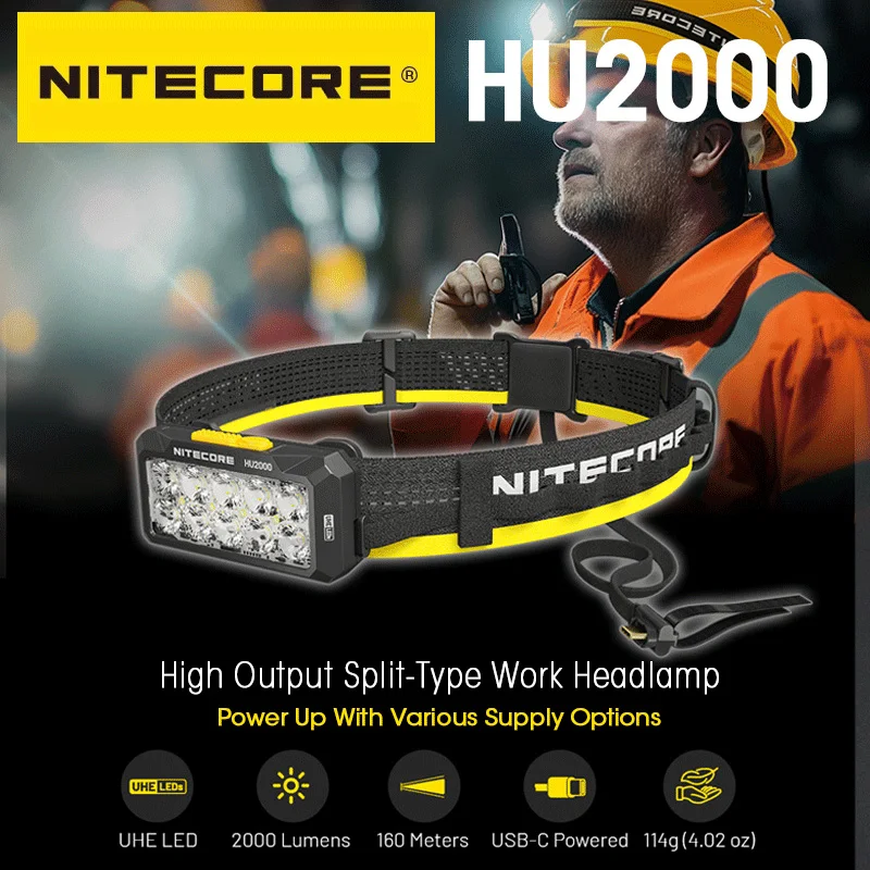 

NITECORE HU2000 Ultra-Bright 2000 Lumens Floodlight Split Lightweight Industrial-Grade Metal Headlight