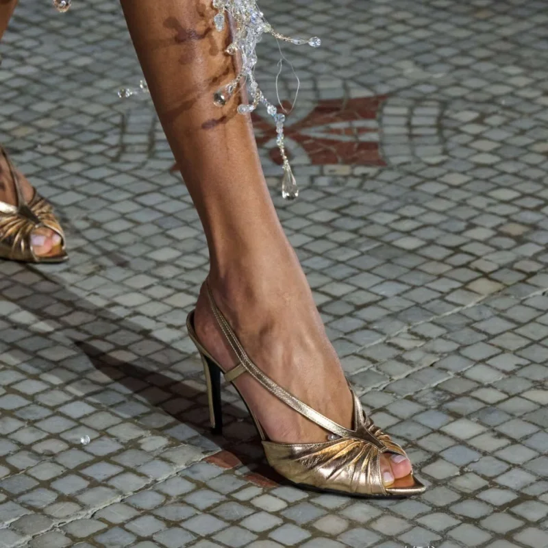 

Arden Furtado Summer Metal leather peep toe Banquet shoes Pointed toe Back Strap Sexy Super high heel Sandals Modern Sandals