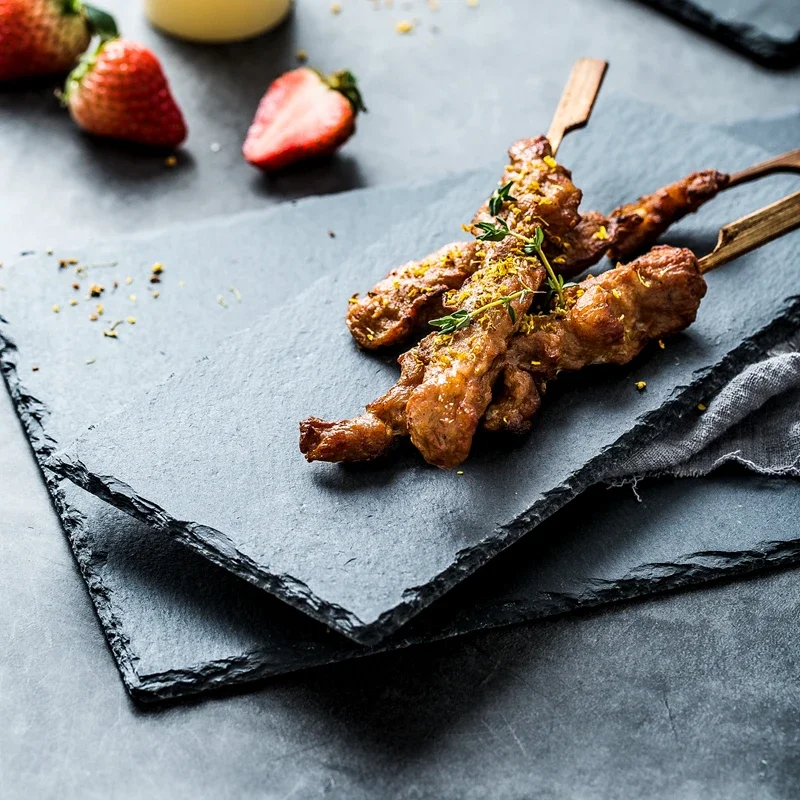 Natural Black Square Stone Slate Dishes Coaster Solid Sushi Steak Barbecue BBQ Plate Cheese Pizza Dessert Cake Fruit Dish Tray