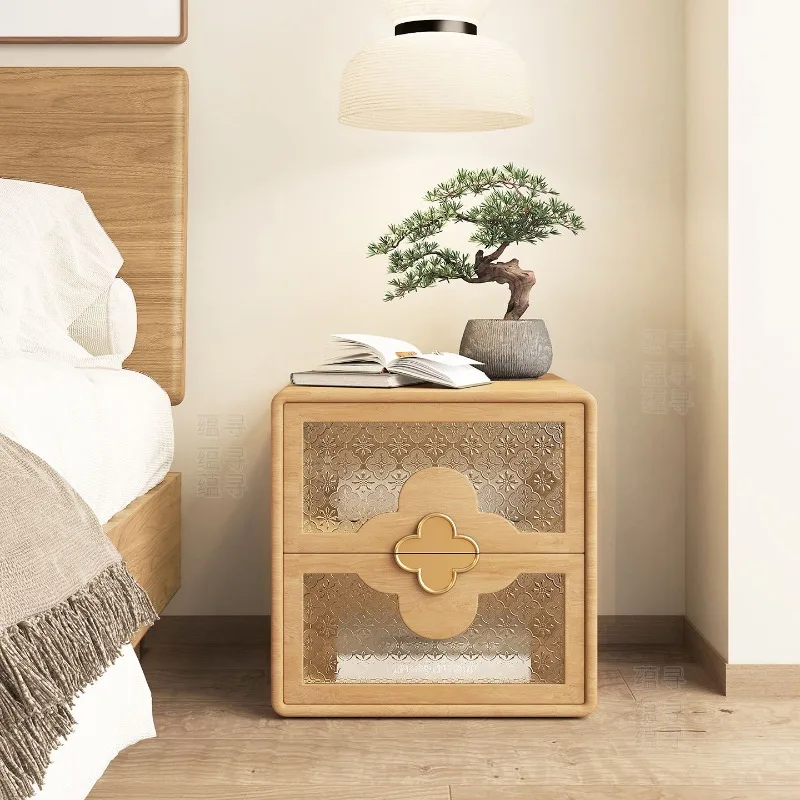 New Chinese-style solid wood bedside table, black walnut wood grain leather bedroom storage cabinet, light luxury  locker
