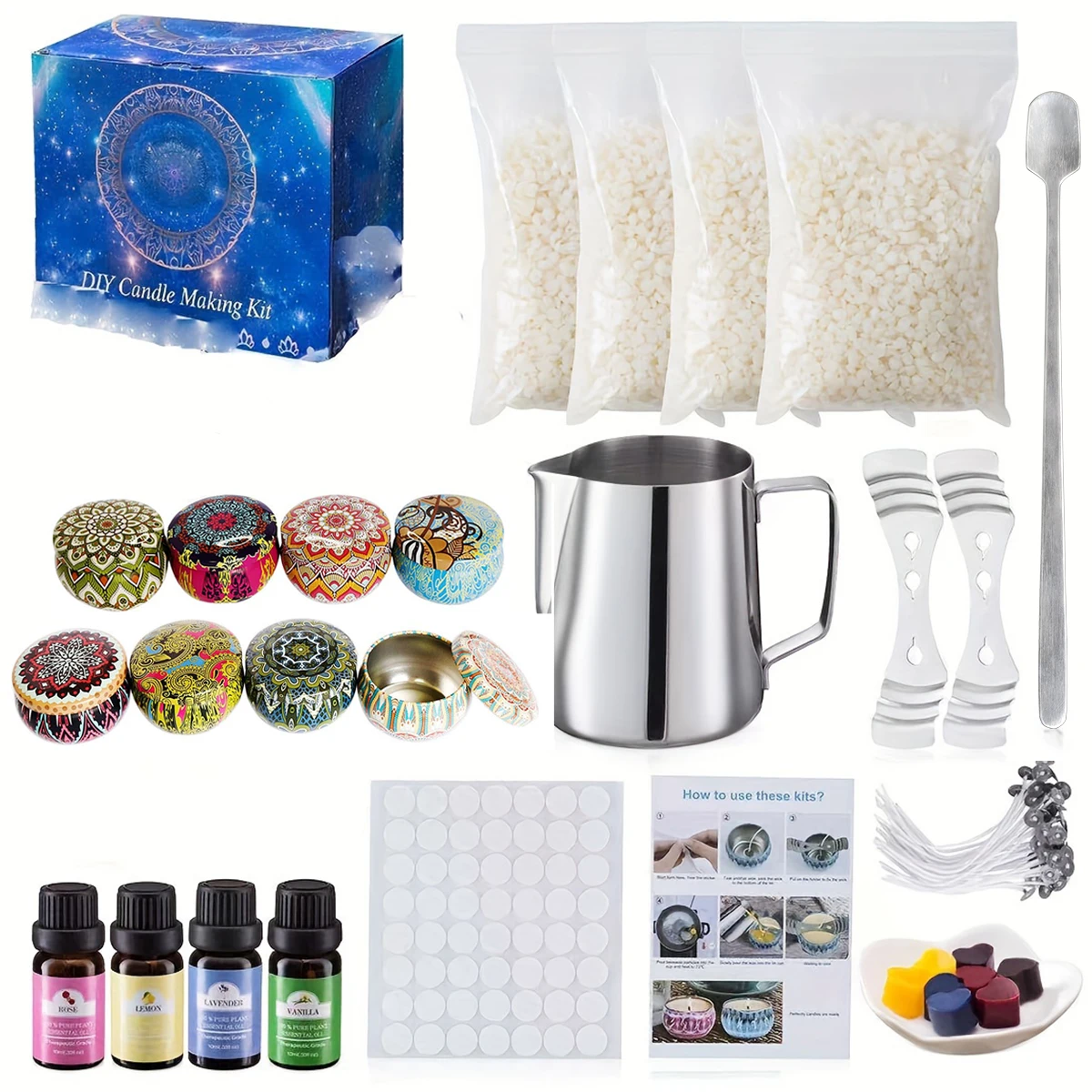 Kaleidoscope-Style Jar Essential Oil DIY Candle Making Kit, DIY Accessories, Candle Making Kit Suitable for Adults, Teenagers, and Beginners, Includes Soy Wax, Mixing Spoon, Pouring Cup, Storage Jar, Essential Oils, Candle Wicks, Cotton Wick Holder, Complete DIY Candle Making Kit for Beginners, Arts and Crafts Kit, Suitable as a Gift for Valentine's Day, Father's Day, Mother's Day