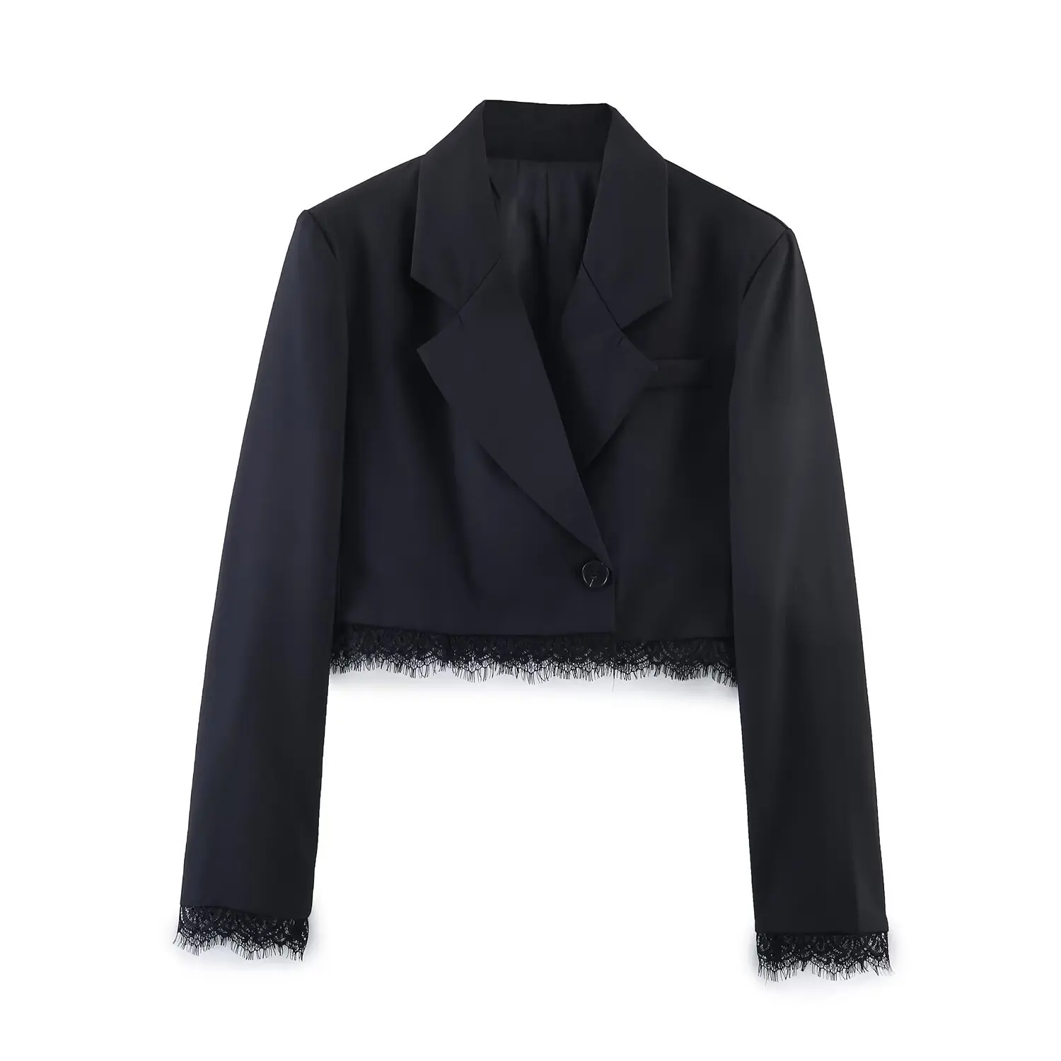 

Женский модный комплект из двух предметов: укороченный блейзер с кружевной отделкой и шорты с высокой талией, черный, 5EV7