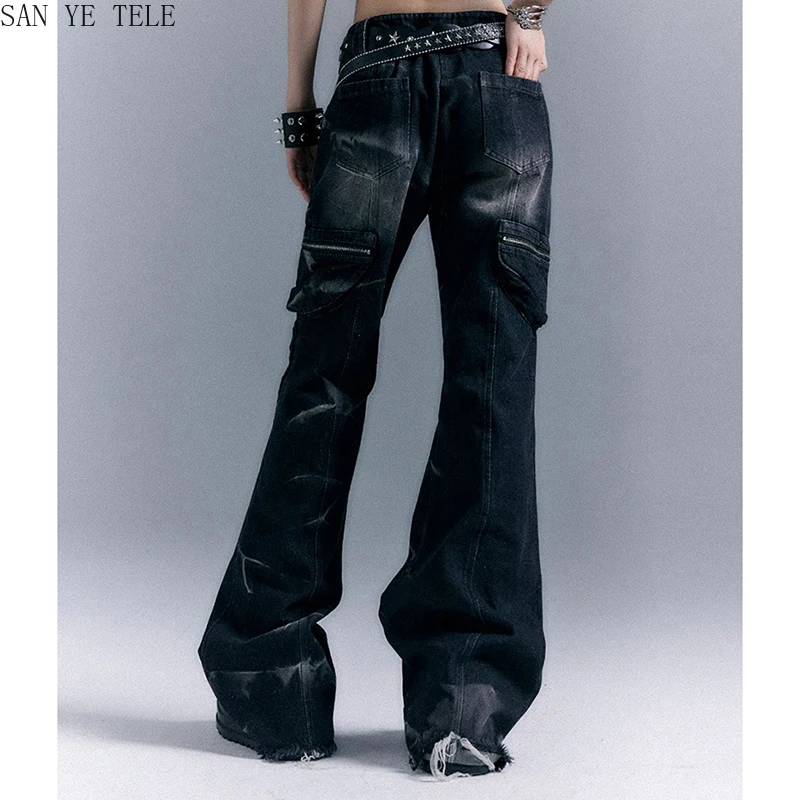 القوطية غسلها Y2k فضفاض مضيئة الجينز المرأة منخفضة الارتفاع برشام خمر الدنيم بنطلون Harajuku اليابانية البضائع الجينز السراويل الملابس
