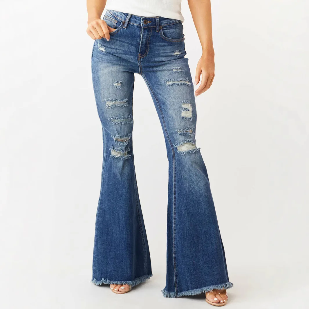 Ladies Mid‑Rise Ripped Slim Stretch Vintage Flared Tassel‑Hem Long Trousers For Autumn Winter Street Daily Denim Jeans