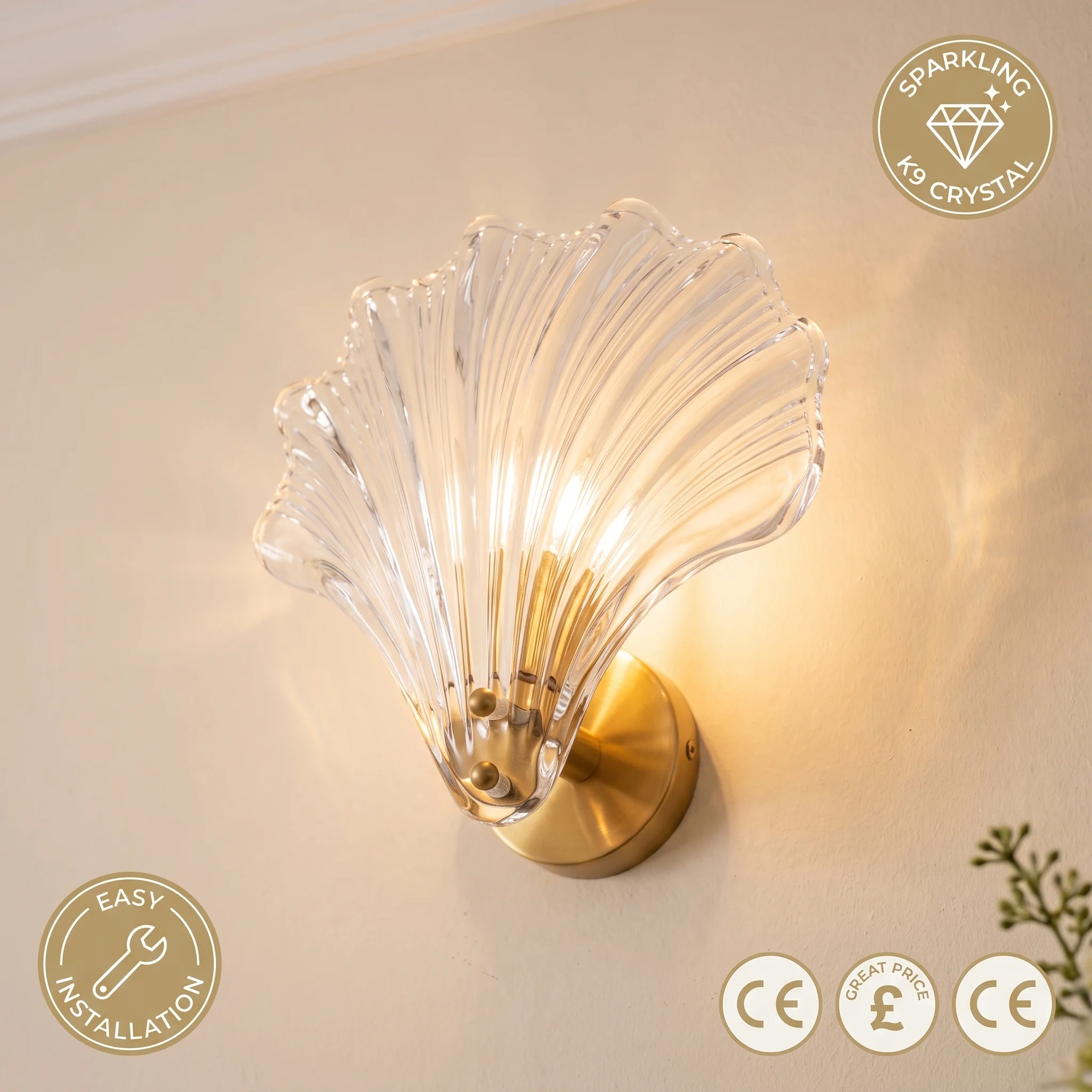 Gold Brass Shell Glass Wall Sconce Vintage K9 Crystal Wall Light Fixture for Bathroom Vanity Bedroom Hallway Home Decor