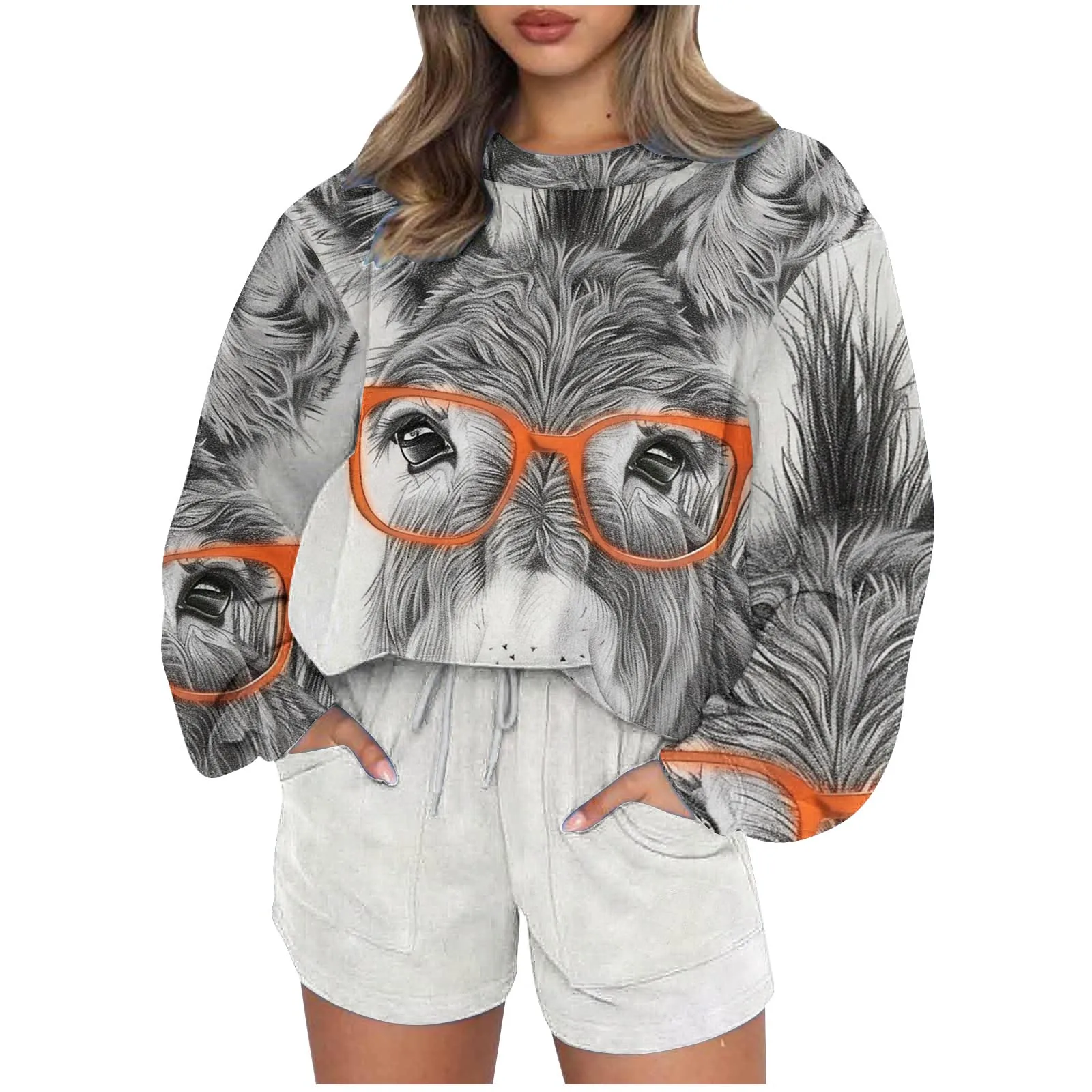 Autumn Print Short Two Piece Set Women Long Sleeve O Neck Pullover Sweatshirt Drawstring Shorts 2 Piece Sets Commuting Clothing