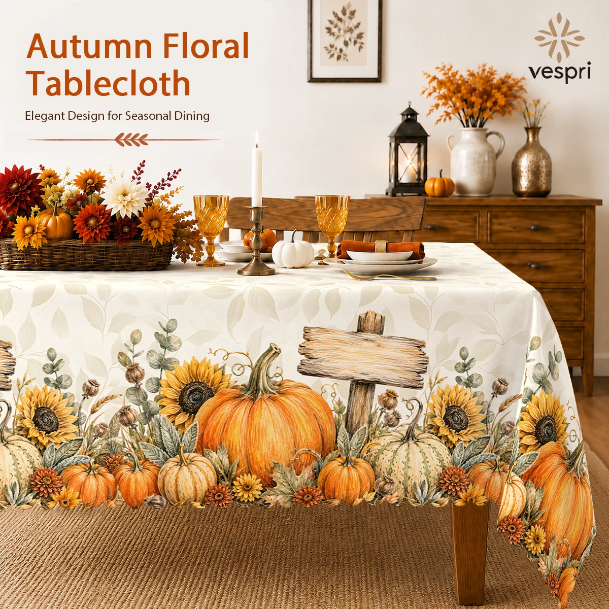 Harvest Tablecloth with Pumpkins and Harvest Carts for Indoor/Outdoor Camping decor, Rectangular/Round/Oval