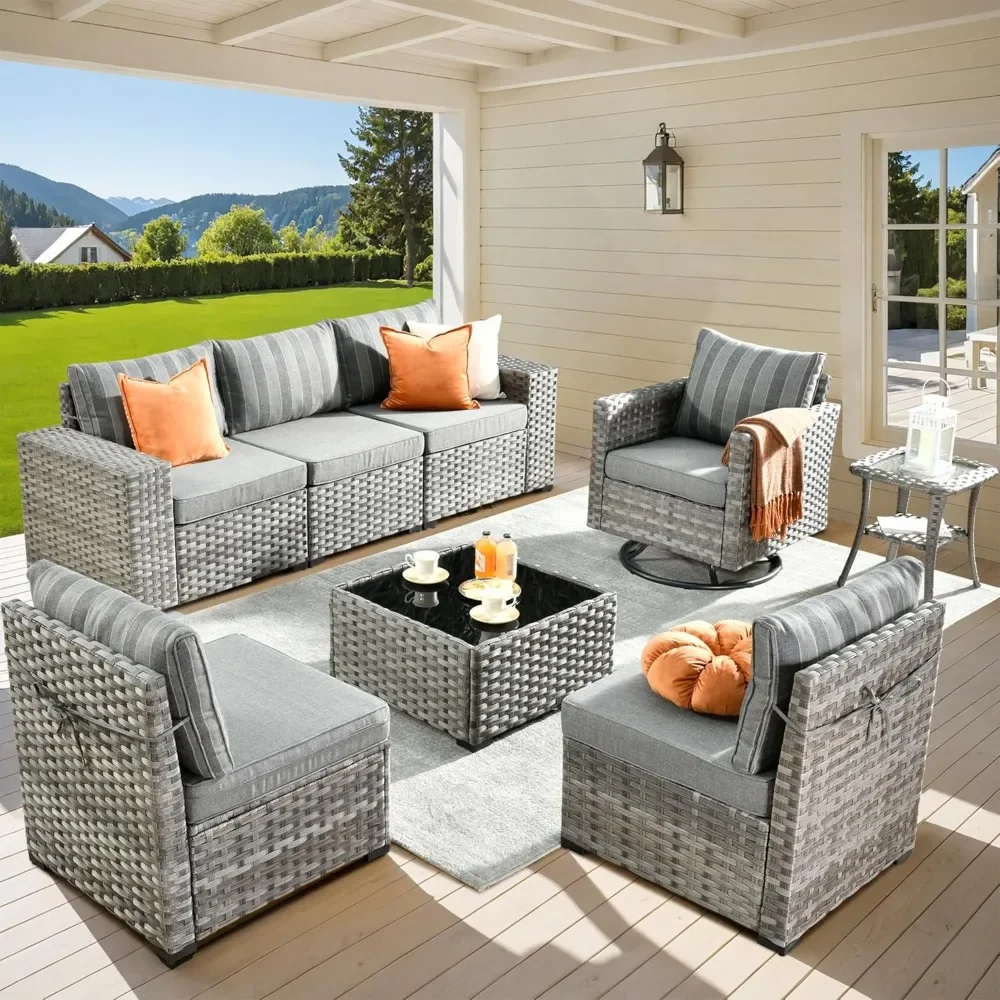 

8 Pieces Patio Furniture Set, Sofa with Swivel Rocking Chairs, Wide Arms and Deep Seat, Wicker Rattan Outdoor Sectional Sofa