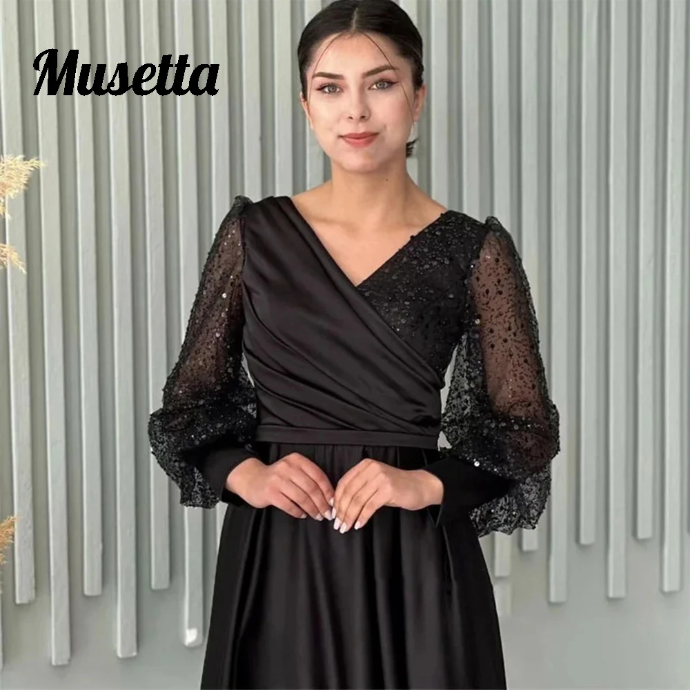 Musetta Solid Satin Prom Dresses Women V-Neck Sequined Long Sleeves Ruched Evening Gowns A-Line Vestidos De Noche Customized