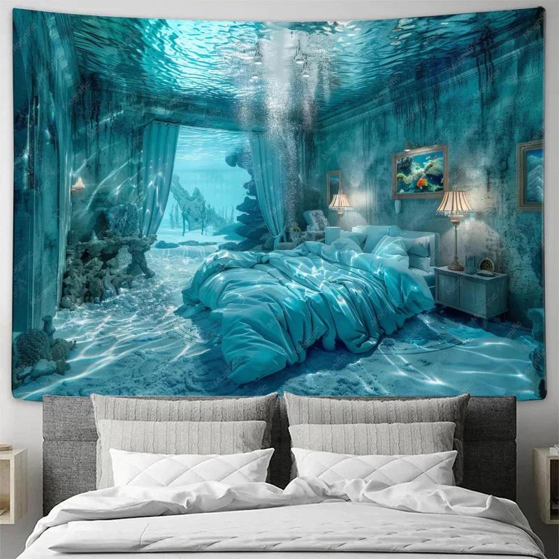 Vibrant Underwater Ocean Scene Tapestry Wall Hanging Blue Sea Tropical Lagoon Bedroom Decor Art