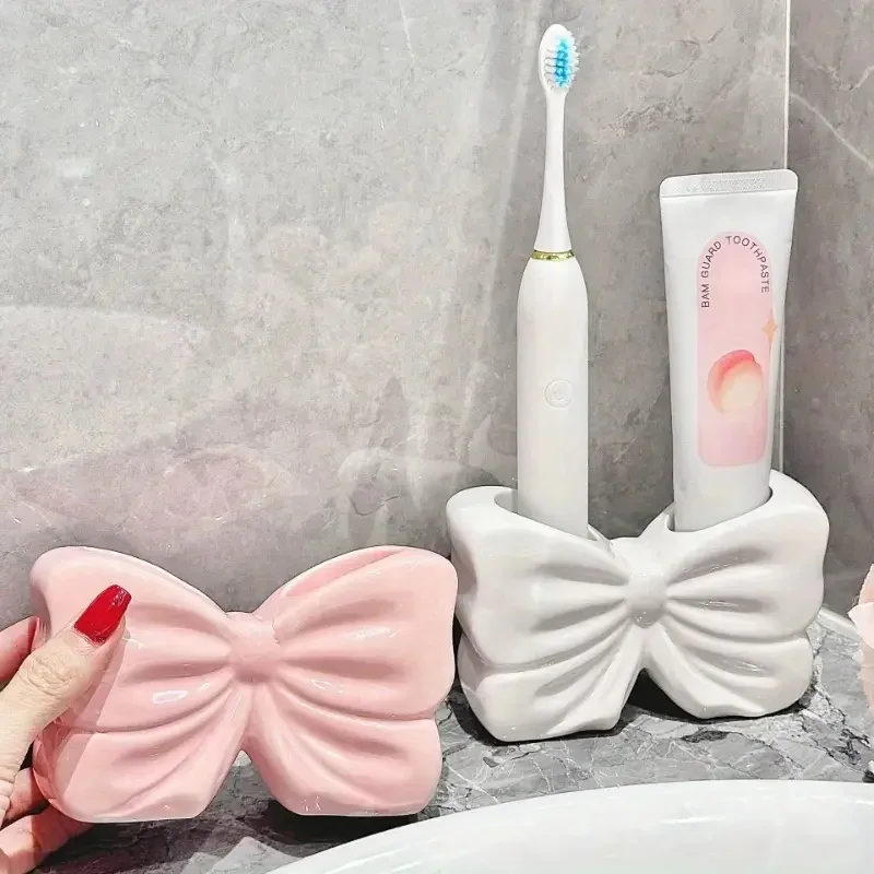 

Charming Bowknot Ceramic Toothbrush Holder Portable No-Drill Bathroom Organizer for Toothbrushes & Toothpaste for Return School