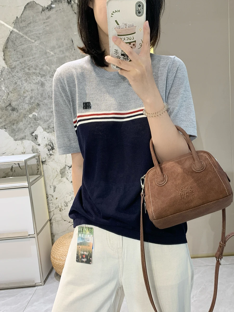 

Cool Sensation Ice Silk Stripe Color Block Short Sleeve Women's Knitted round Neck T-Shirt Summer Thin Korean Loose Commute Top
