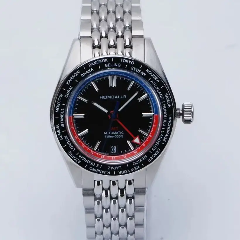 Heimdallr Men Automatic Watch 43mm GMT Mechanical Wristwatch Diver 100m Waterproof BGW-9 Luminous Sapphire NH34 World Time Bezel