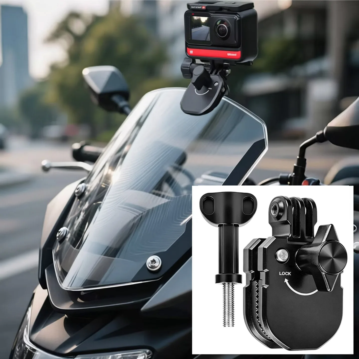 Motorcycle Windshield Clip Mount for Go Pro 13 12 11 10 9 8 7 DJI OSMO 360 Action 4 5 Pro Insta 360 X5 X4 Go 3S ACE Pro 2 Camera
