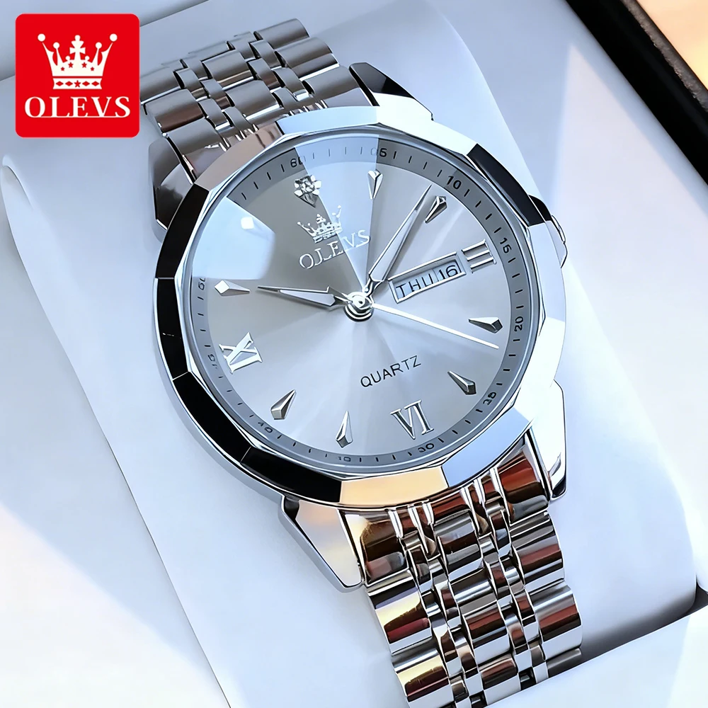 OLEVS Men's Watches Simple Fashion Fine Steel Rhombus Mirror Original Quartz Wristwatch for Man Waterproof Luminous Date 9998