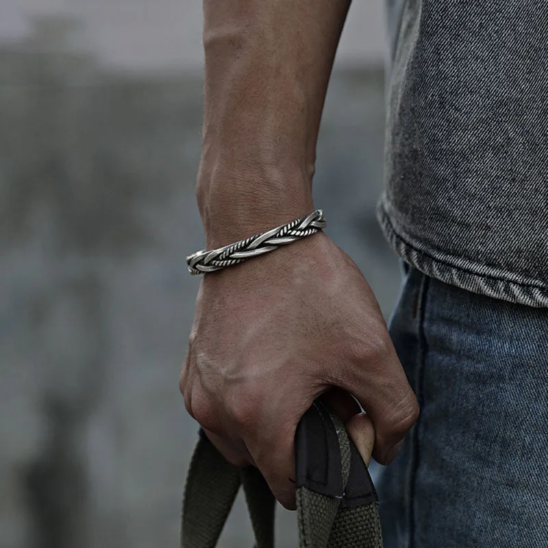 Men Thai Silver Twisted Woven Opening Bracelets Bangle Neutral Retro Original Handmade Exquisite Jewelry Unique Gift