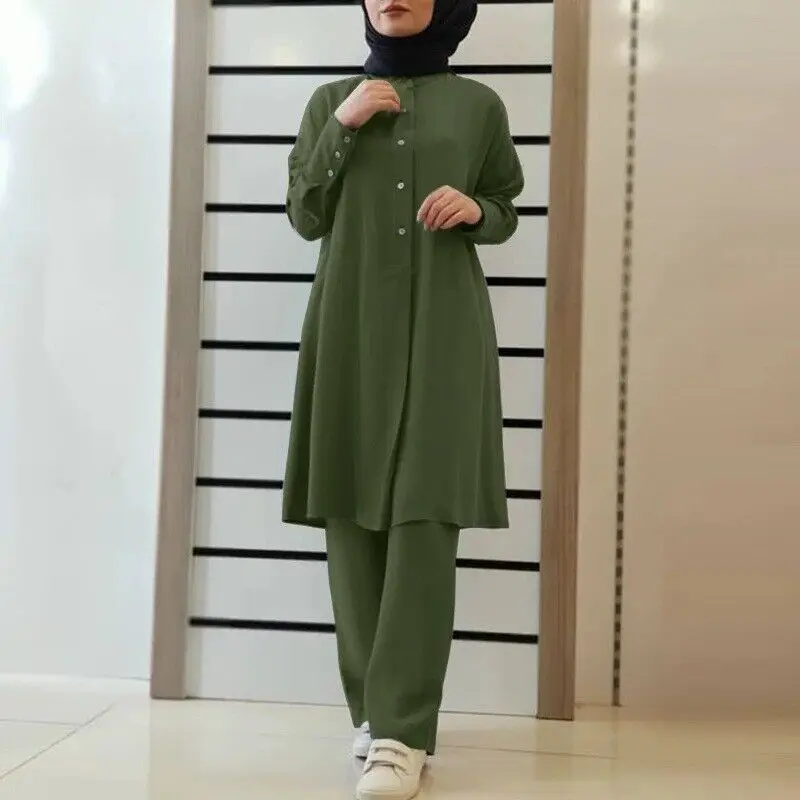 Arab New Solid Color Two-Piece Shirt Pants Set Muslim Women Casual Loose Sportswear Set