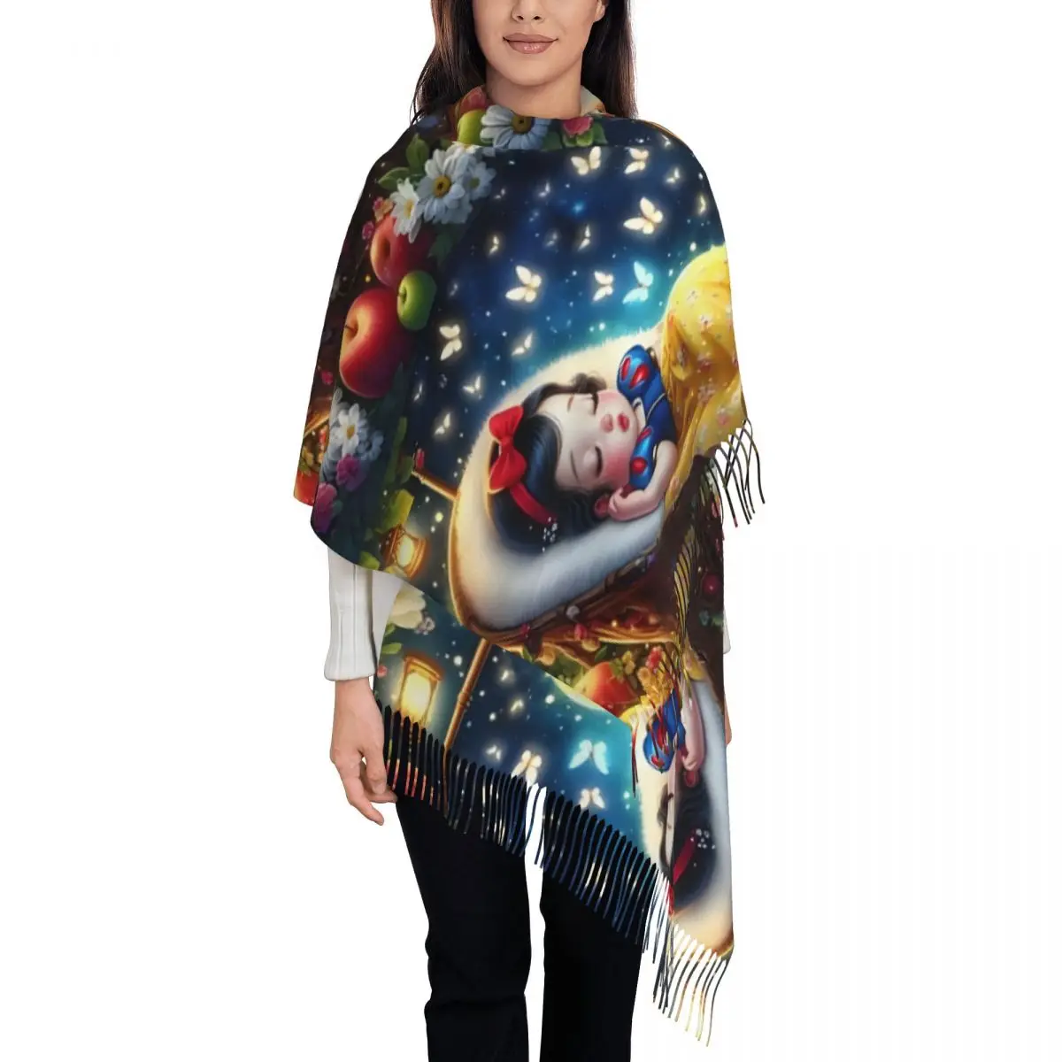 

Custom Stylish Baby Snow White Cartoon Tassel Scarf Women Winter Warm Shawls Wraps Lady Anime Fantasy Film Scarves