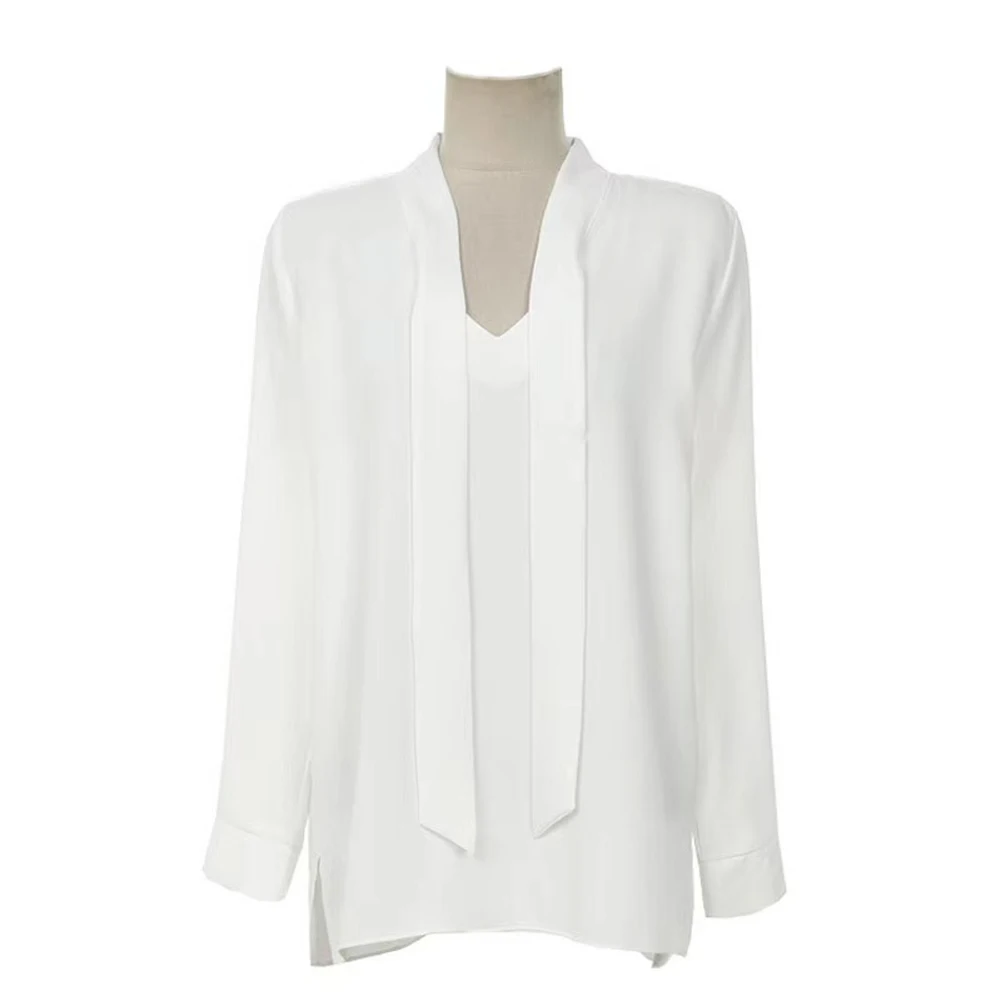 Женская шифоновая рубашка 24, новые стили, винтажные модные свободные топы с воротником-стримером