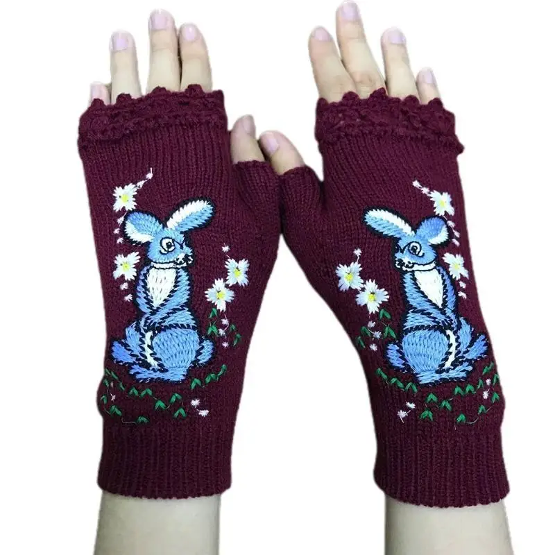 652F Winter Knitting Gloves Warm Women Half-Finger Gloves Thicken Outdoor Ski Gloves Cartoon Rabbit Pattern