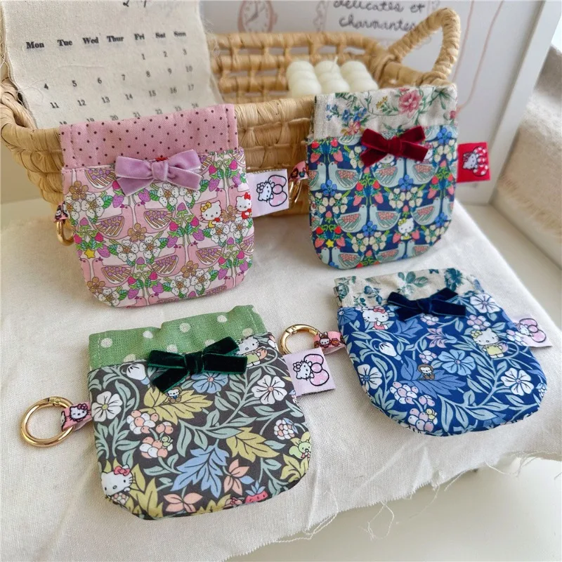 

Kawaii Hello Kitty Makeup Bag Cartoon Anime Women Accessories Floral KT Printed Cotton Earphones Key Storage Girl Gift Wholesale