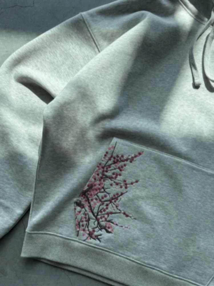 ديبتاون رمادي عتيق زهر البرقوق التطريز المرأة رجل هوديس Harajuku أسود الركض بنطال ذو قصة أرجل واسعة المتضخم الهيب هوب الشارع