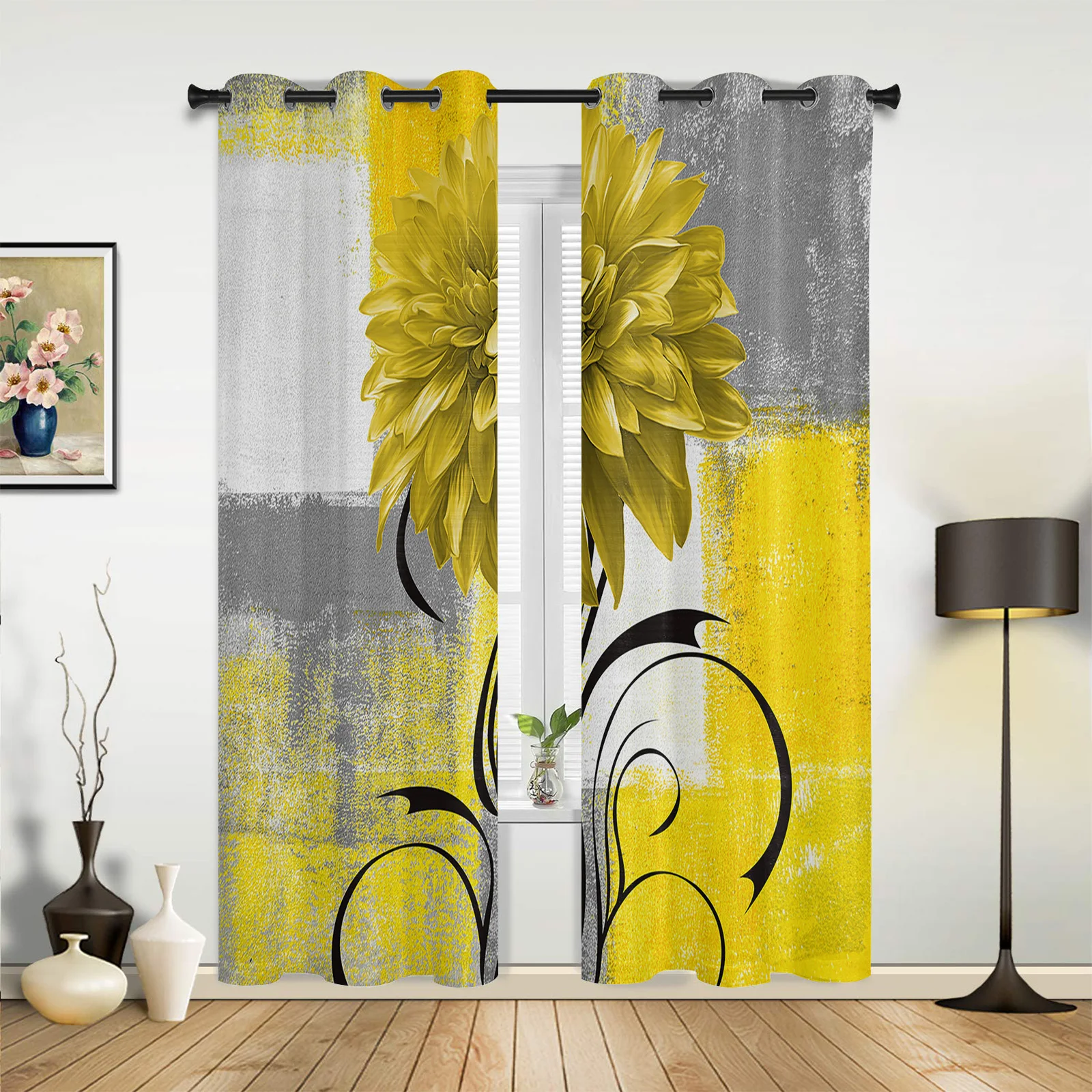 Dahlia Oil Painting Abstract Texture Plant Yellow Flower Curtains Bedroom Living Room Drapes Kitchen Window Curtain Home Decor