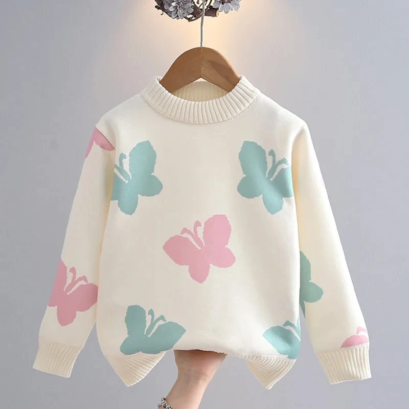 3-11 Year Kids Baby Girl Knitted Sweaters Fall Winter Long Sleeve Round Neck Butterfly-knot Pullover Tops White Knitwear IY07281