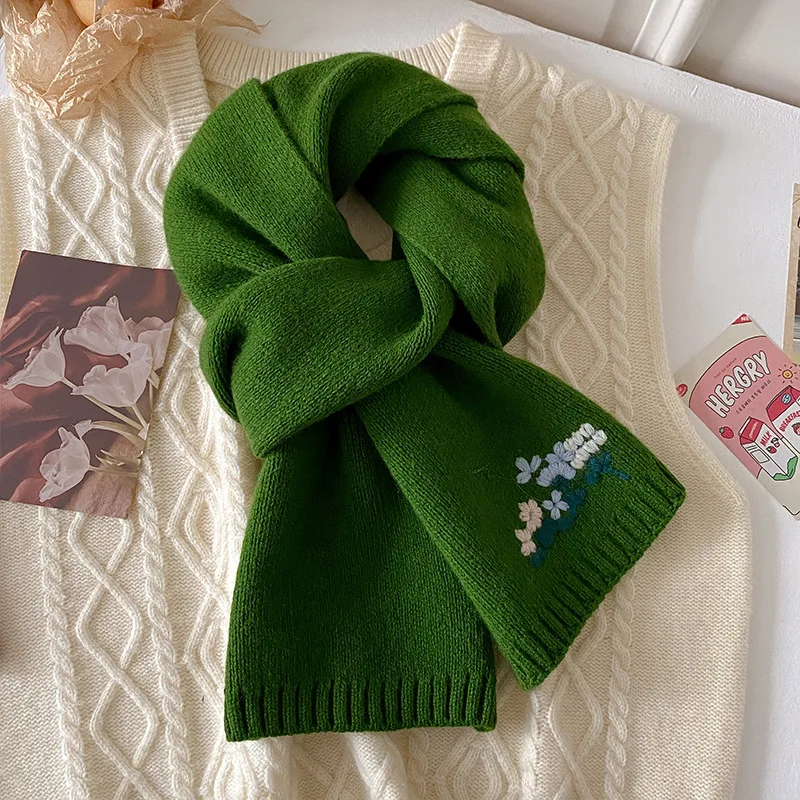 

100% Pure Wool Scarf for Women Knitted Neck Warmer Japanese Style Vintage Blue Gray Green Embroidered Long Scarf